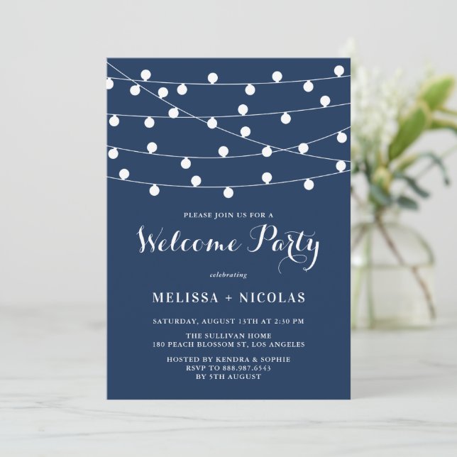 Whimsical String Lights Navy Blue Welcome Party Invitation (Standing Front)