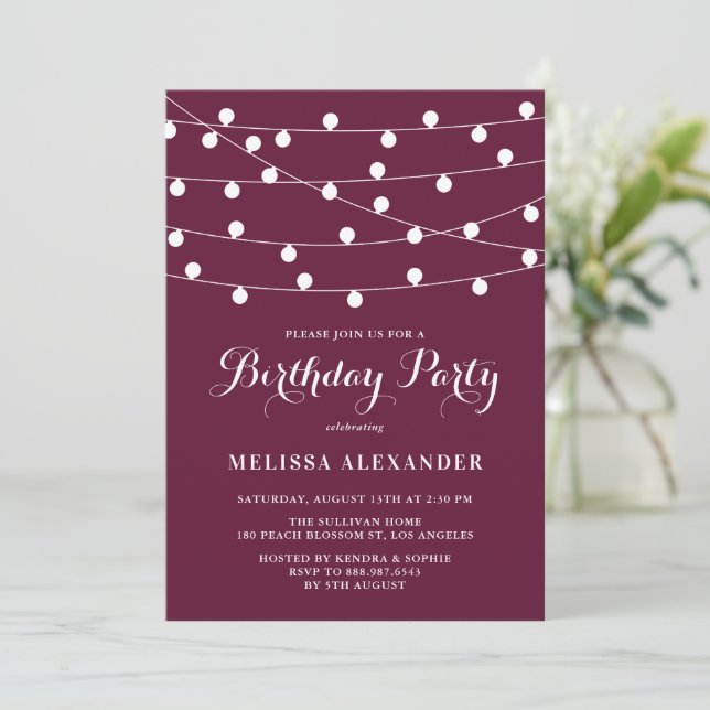 Whimsical String Lights Purple Birthday Party Invitation (Standing Front)