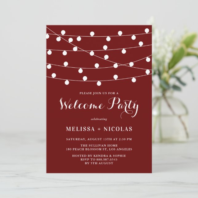 Whimsical String Lights Red Welcome Party Invitation (Standing Front)