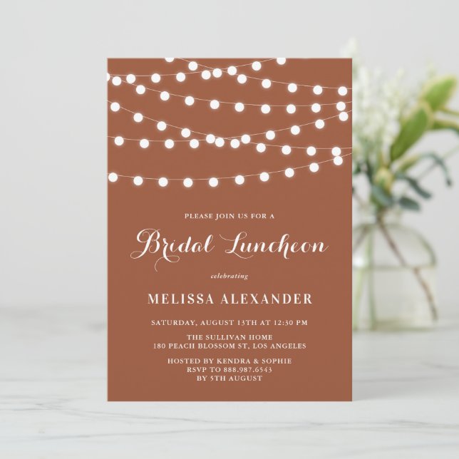 Whimsical String Lights Terracotta Bridal Luncheon Invitation (Standing Front)