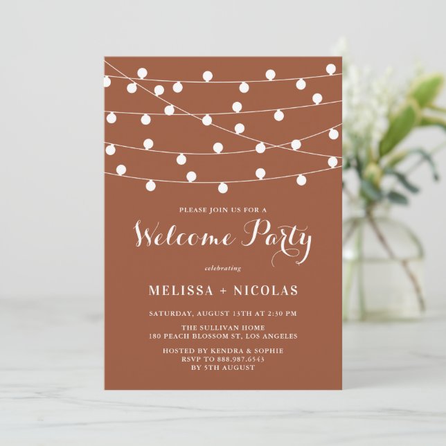 Whimsical String Lights Terracotta Welcome Party Invitation (Standing Front)