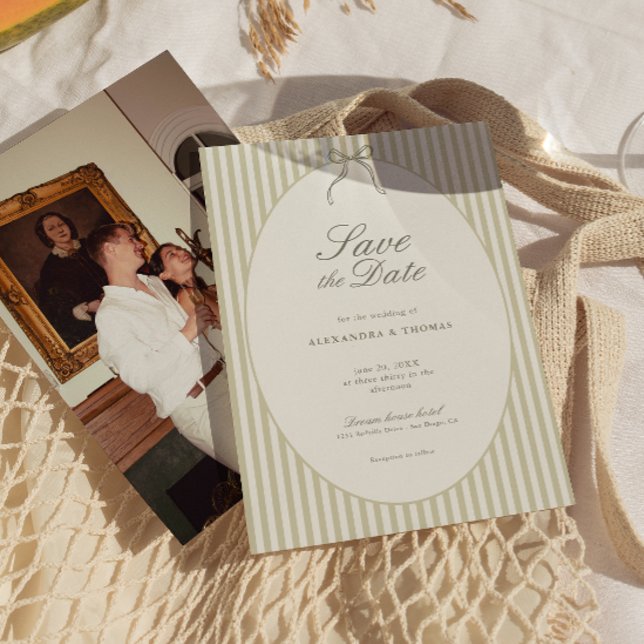 Whimsical Stripe Green Wedding Save the Date Invitation (Creator Uploaded)