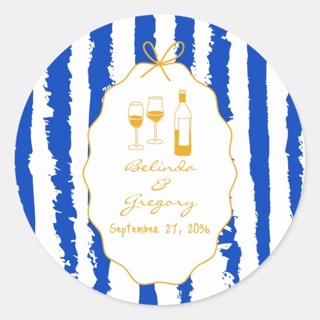 Whimsical Stripes Handwritten Painted Wedding  Classic Round Sticker (Front)