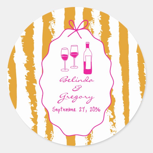 Whimsical Stripes Handwritten Painted Wedding  Classic Round Sticker (Front)