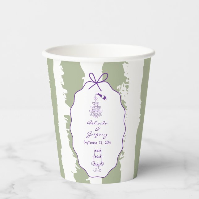 Whimsical Stripes Handwritten Painted Wedding  Paper Cups (Front)