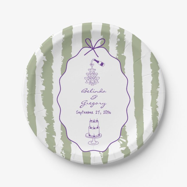 Whimsical Stripes Handwritten Painted Wedding  Paper Plate (Front)