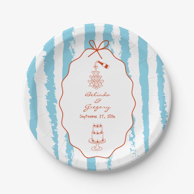 Whimsical Stripes Handwritten Painted Wedding  Paper Plate (Front)
