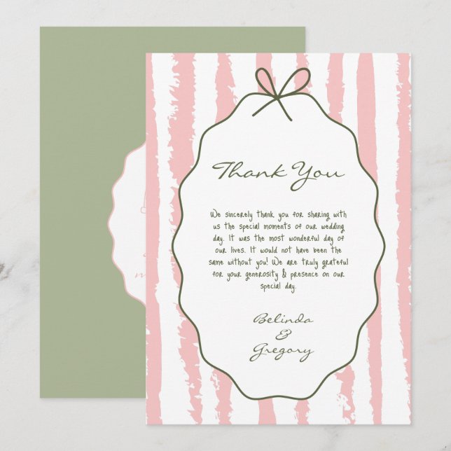 Whimsical Stripes Handwritten Painted Wedding  Thank You Card (Front/Back)