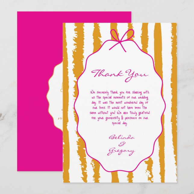 Whimsical Stripes Handwritten Painted Wedding  Thank You Card (Front/Back)