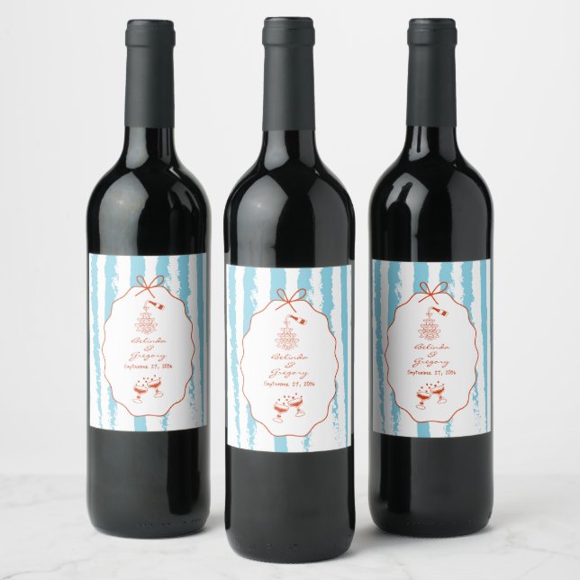 Whimsical Stripes Handwritten Painted Wedding  Wine Label (Bottles)