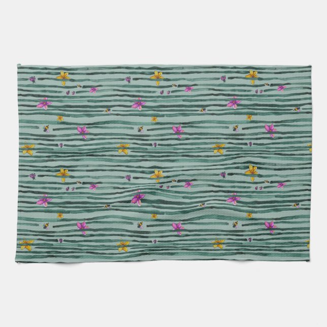Whimsical stripes with flowers tea towel (Horizontal)