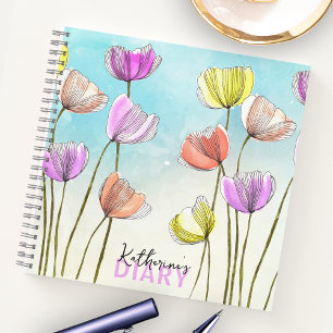 Whimsical Stylised Watercolor and Ink Tulips Diary Notebook