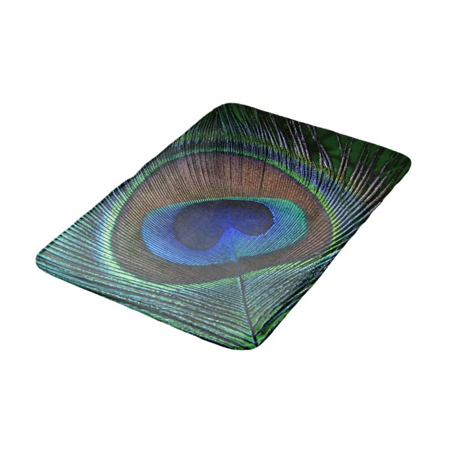 Whimsical Stylish Pretty Peacock Feather Pattern Bath Mat (Angled)