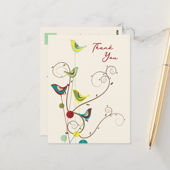 Whimsical Summer Bird and Swirls Modern Thank You Postcard (Front/Back In Situ)