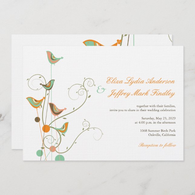 Whimsical Summer Birds And Swirls Wedding Invite (Front/Back)