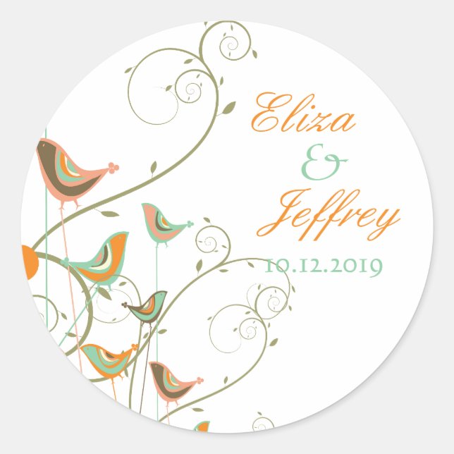 Whimsical Summer Birds Swirls Cute Wedding Sticker (Front)