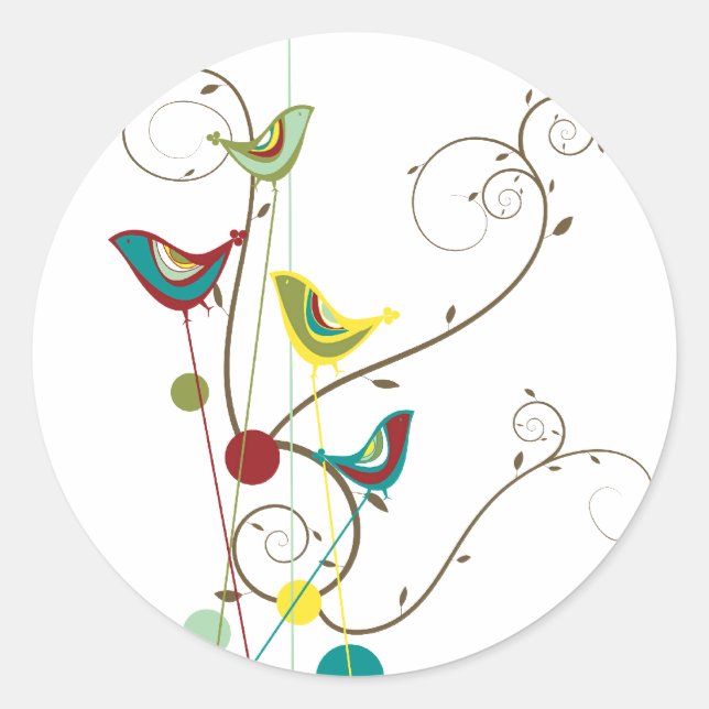Whimsical Summer Birds Swirls Modern Nature Vines Classic Round Sticker (Front)