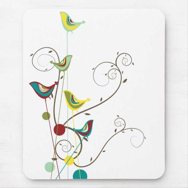 Whimsical Summer Birds Swirls Modern Nature Vines Mouse Pad (Front)