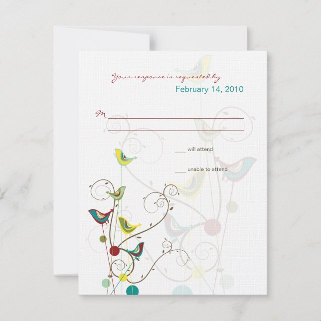 Whimsical Summer Birds & Swirls Wedding RSVP Card (Front)
