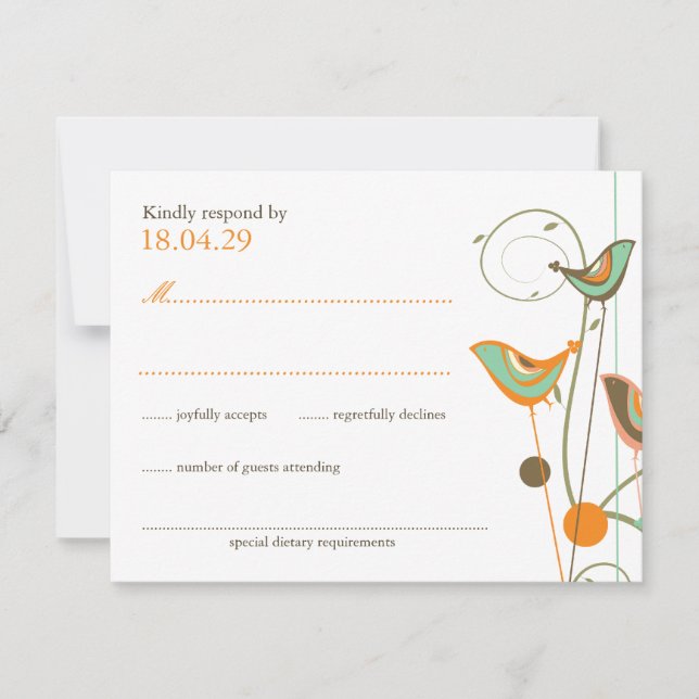 Whimsical Summer Birds & Swirls Wedding RSVP Card (Front)