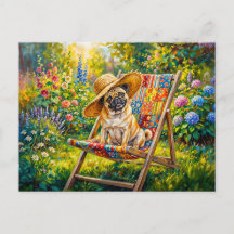 Whimsical Summer Garden Mops Dog Illustration