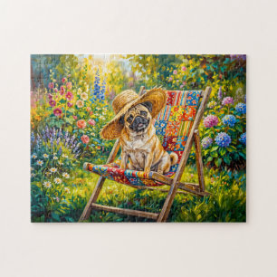 Whimsical Summer Garden Mops Dog Illustration Jigsaw Puzzle