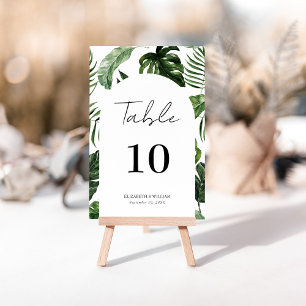 Whimsical Summer Tropical Leaves Script Wedding Table Number