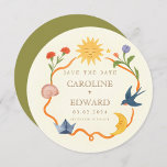 Whimsical Sun and Moon Round Save the Date  Invitation<br><div class="desc">Announce your special day with this Whimsical Sun and Moon Save the Date Card. Featuring a hand-painted sun, moon, and floral motifs wrapped around a playful circular frame, this design evokes warmth, love, and harmony. Perfect for boho, garden, or nature-inspired weddings. The round shape and watercolor illustration create a unique...</div>