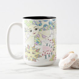 Whimsical sun collage Two-Tone coffee mug