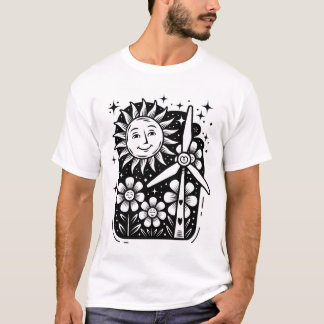 Whimsical Sun, Flowers & Wind Turbine Eco Art  T-Shirt