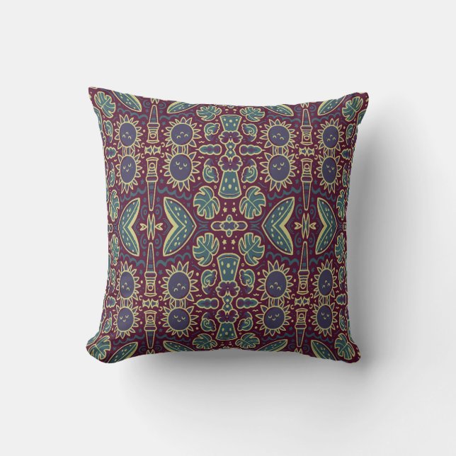 Whimsical Sun & Jungle Pattern Cushion (Front)
