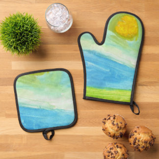 Whimsical Sun Watercolor "Have a Bright Day" Oven Mitt & Pot Holder Set