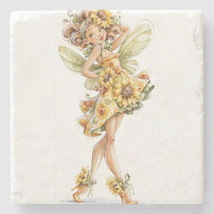 Whimsical Sunflower Cottagecore Fairy Watercolor Stone Coaster