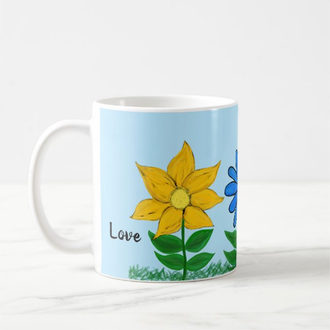 Whimsical Sunflower Daisy Tulip Love Coffee Mug (Left)