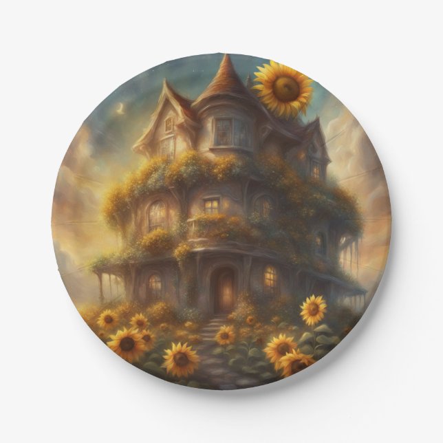Whimsical Sunflower House Summer or Fall party Paper Plate (Front)