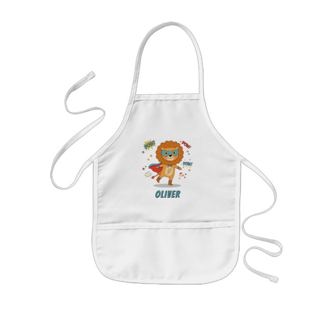 Whimsical Superhero Lion Kids Apron (Front)