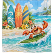 Whimsical Surfing Crab and Colourful Surfboards