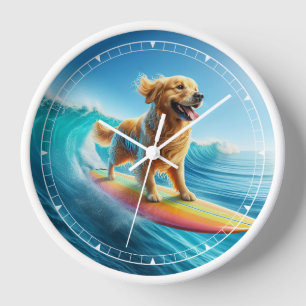 Whimsical Surfing Golden Retriever  Clock
