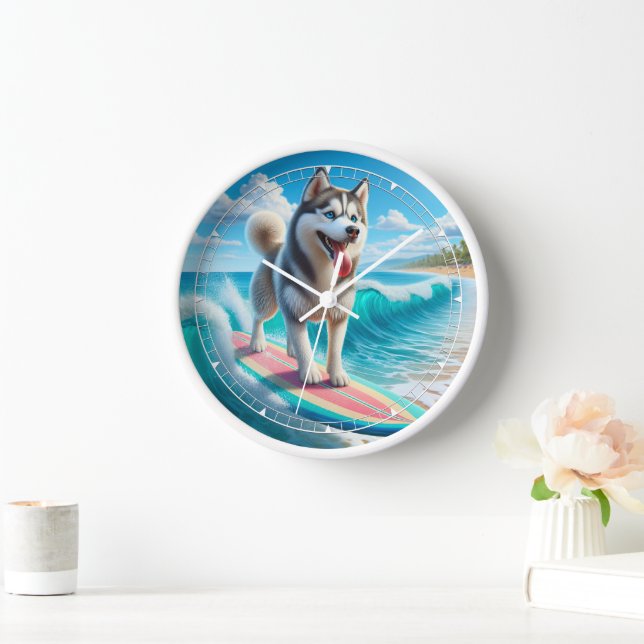 Whimsical Surfing Siberian Husky Clock (Home)
