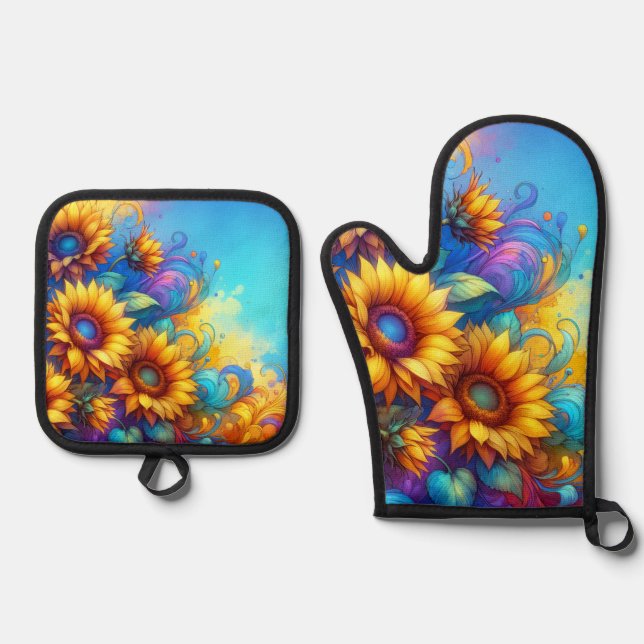 Whimsical Surreal Sunflowers Oven Mitt & Pot Holder Set (Front)