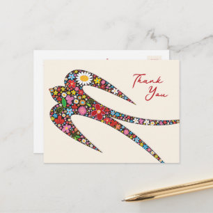 Whimsical Swallow Bird Colourful Spring Flowers Postcard
