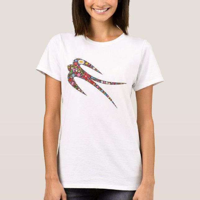 Whimsical Swallow Bird Colourful Spring Flowers T-Shirt (Front)