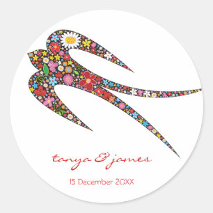 Whimsical Swallow Colourful Spring Flowers Wedding Classic Round Sticker