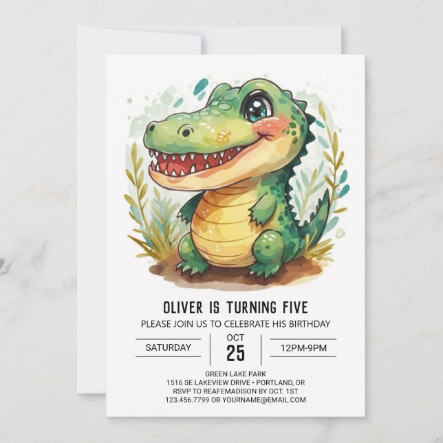 Whimsical Swamp Crocodile Birthday Invitation (Front)