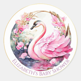 Whimsical Swan Baby Shower Round Stickers