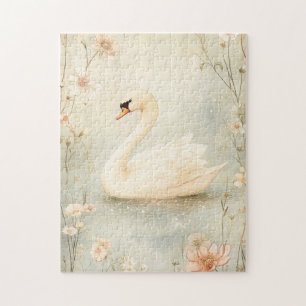 Whimsical Swan with Flowers Illustration Jigsaw Puzzle