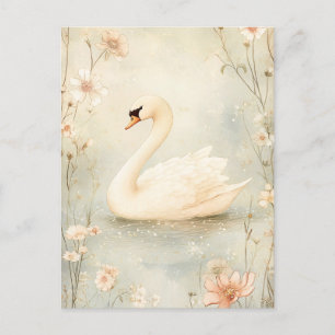 Whimsical Swan with Flowers Illustration Postcard