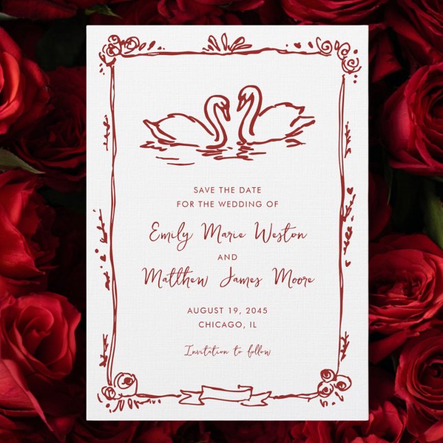 Whimsical Swans Doodle Love Birds Red Wedding Save The Date (Creator Uploaded)