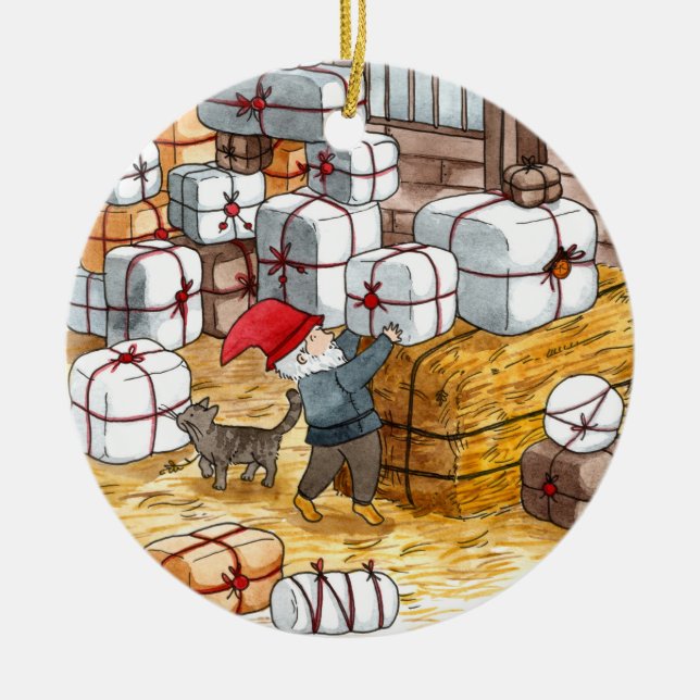 Whimsical Swedish Tomten Watercolor Christmas  Ceramic Ornament (Front)