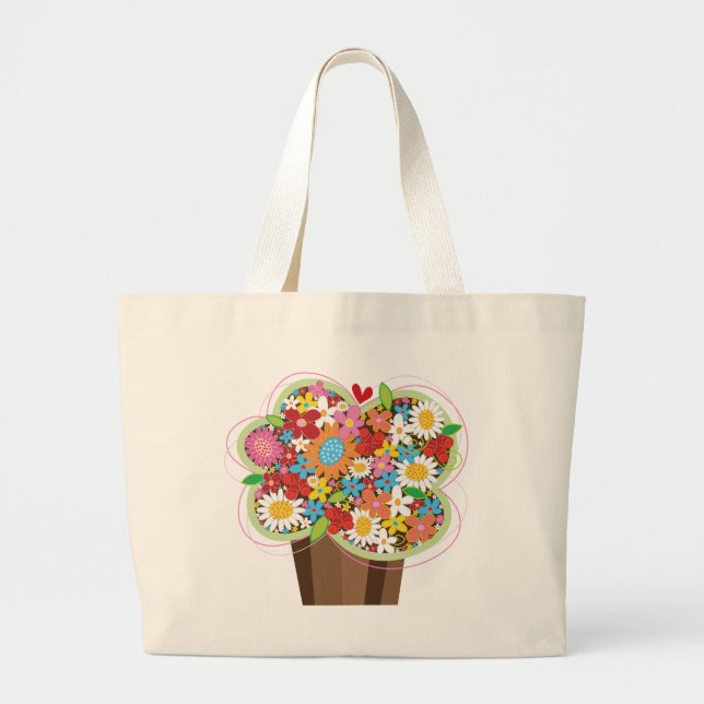Whimsical Sweet Cupcake Spring Flowers Floral Chic Large Tote Bag (Front)